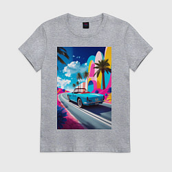 Футболка хлопковая женская Кабриолет едет по тропическому острову, цвет: меланж