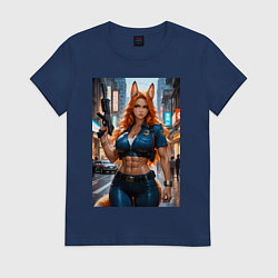 Футболка хлопковая женская Рыжая лиса-полицейский, цвет: тёмно-синий