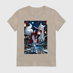Футболка хлопковая женская Белоснежная лиса лунной ночью, цвет: миндальный