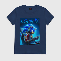 Футболка хлопковая женская Hedgehog Sonic is esports player - neon glow, цвет: тёмно-синий