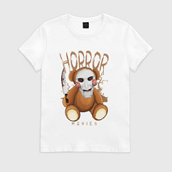 Футболка хлопковая женская Медвежонок с ножом в маске из пилы, цвет: белый