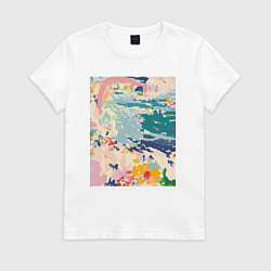 Футболка хлопковая женская Абстрактная картина с морем и цветами, цвет: белый
