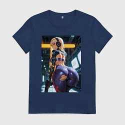 Футболка хлопковая женская Девушка с оружием в киберпанк стиле, цвет: тёмно-синий