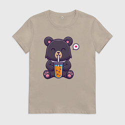 Футболка хлопковая женская Мишка с напитком, цвет: миндальный