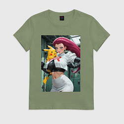 Футболка хлопковая женская Джесси и Пикачу, цвет: авокадо