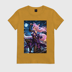 Футболка хлопковая женская Лисица с катаной на фоне Луны, цвет: горчичный