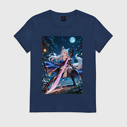 Футболка хлопковая женская Лисица с катаной на фоне Луны, цвет: тёмно-синий