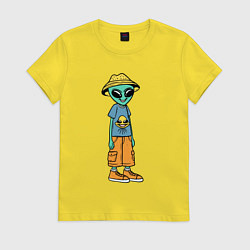 Футболка хлопковая женская Инопланетянин в шляпе, цвет: желтый