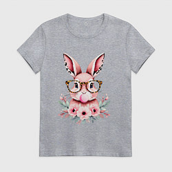 Футболка хлопковая женская Розовая зайка с бубльгумом, цвет: меланж