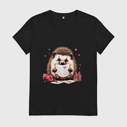 Футболка хлопковая женская Ёжик с любовным письмом, цвет: черный