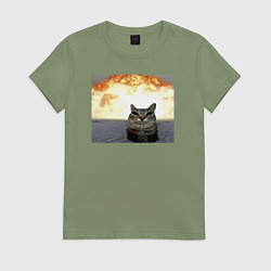 Футболка хлопковая женская Кот со взрывом - silly cat meme, цвет: авокадо