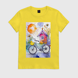 Женская футболка Утенок на велосипеде - акварель