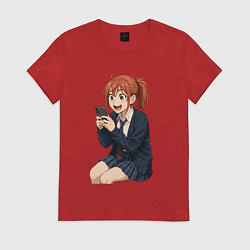 Футболка хлопковая женская Сиратори Айра сидит в телефоне, цвет: красный