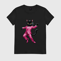 Футболка хлопковая женская Черный кот в розовом костюме танцует, цвет: черный
