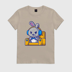 Футболка хлопковая женская Кролик геймер, цвет: миндальный