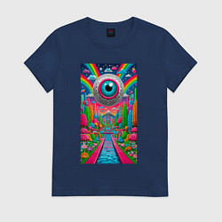 Футболка хлопковая женская Сквозь миры - большой глаз в волшебном городе, цвет: тёмно-синий