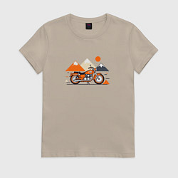 Футболка хлопковая женская Оранжевый мотоцикл на белом, цвет: миндальный