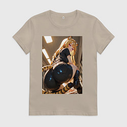 Футболка хлопковая женская Девушка-тигрица в облегающих щортиках, цвет: миндальный