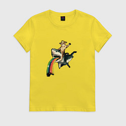 Футболка хлопковая женская Кот верхом на акуле, цвет: желтый