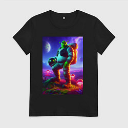 Футболка хлопковая женская Космонавт Шрек на похожей планете, цвет: черный