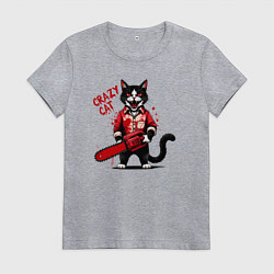 Футболка хлопковая женская Злой кот с огромной бензопилой, цвет: меланж