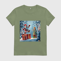 Футболка хлопковая женская Дед Морозио и Принцесса Снегурочка: вперёд за пода, цвет: авокадо