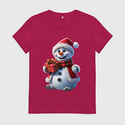 Футболка хлопковая женская Новогодний снеговик в красной шапке, цвет: маджента
