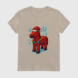 Футболка хлопковая женская Новогодняя лошадь Minecraft, цвет: миндальный