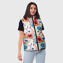 Женский жилет Синие и красные маки на белом - паттерн, цвет: 3D-светло-серый — фото 2