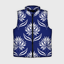 Женский жилет Абстрактные белые лотосы на синем - паттерн, цвет: 3D-черный