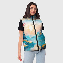 Женский жилет Японский город вдали и цветущая Сакура у реки, цвет: 3D-черный — фото 2