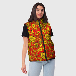Женский жилет Хохломская роспись золотистые цветы на красном фон, цвет: 3D-черный — фото 2