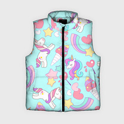 Женский жилет Единорог мороженое конфета и сердечки на голубом ф, цвет: 3D-светло-серый