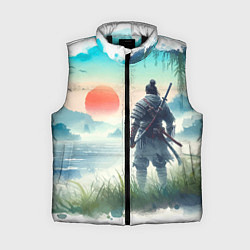 Женский жилет Японский самурай на берегу горного озера, цвет: 3D-черный