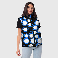 Женский жилет Бело-синие шестиугольники на чёрном фоне, цвет: 3D-светло-серый — фото 2
