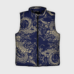 Женский жилет Золотые драконы на синем, цвет: 3D-черный