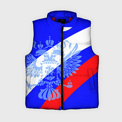 Женский жилет Герб России на фоне триколора синий
