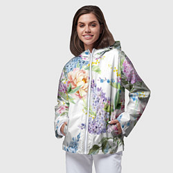 Ветровка с капюшоном женская Сирень и Пионы, цвет: 3D-белый — фото 2