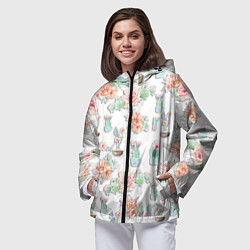 Ветровка с капюшоном женская Акварельные кактусы, цвет: 3D-черный — фото 2