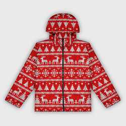 Ветровка с капюшоном женская Новогодний узор с елкой и оленями, цвет: 3D-черный