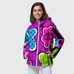 Ветровка с капюшоном женская Яркий абстрактный узор в стиле 90х, неоновые цвета, цвет: 3D-белый — фото 2