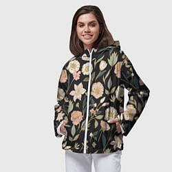Ветровка с капюшоном женская Цветы Астры На Чёрном Фоне, цвет: 3D-белый — фото 2