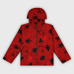Ветровка с капюшоном женская Карты карточные масти на красном фоне, цвет: 3D-черный