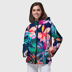 Ветровка с капюшоном женская Яркие тропические цветы Лето, цвет: 3D-черный — фото 2