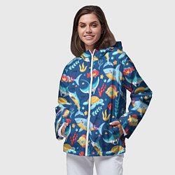 Ветровка с капюшоном женская Акула, скат и другие обитатели океана - лето, цвет: 3D-белый — фото 2