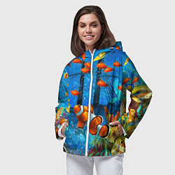 Ветровка с капюшоном женская Затонувший корабль в окружении обитателей океана, цвет: 3D-белый — фото 2