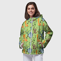 Ветровка с капюшоном женская Африканские животные - слон обезьянка жираф, цвет: 3D-белый — фото 2