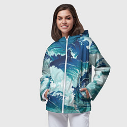 Ветровка с капюшоном женская Несущиеся морские волны, цвет: 3D-белый — фото 2