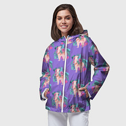 Ветровка с капюшоном женская Розовая альпака с тропическими листьями и цветами, цвет: 3D-белый — фото 2