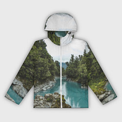 Ветровка с капюшоном женская Река, лес и скалы, цвет: 3D-белый
